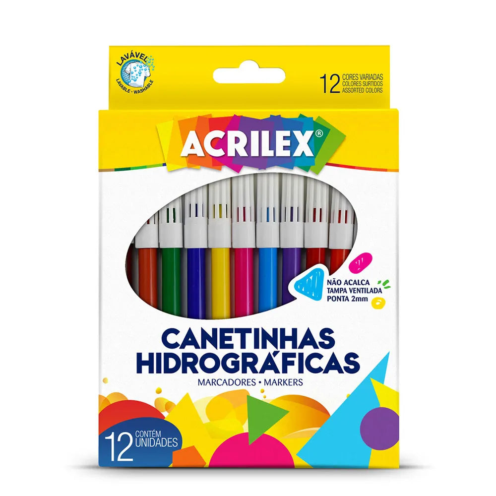 Canetinha Hidrográficas Acrilex 12 Cores Ponta Média