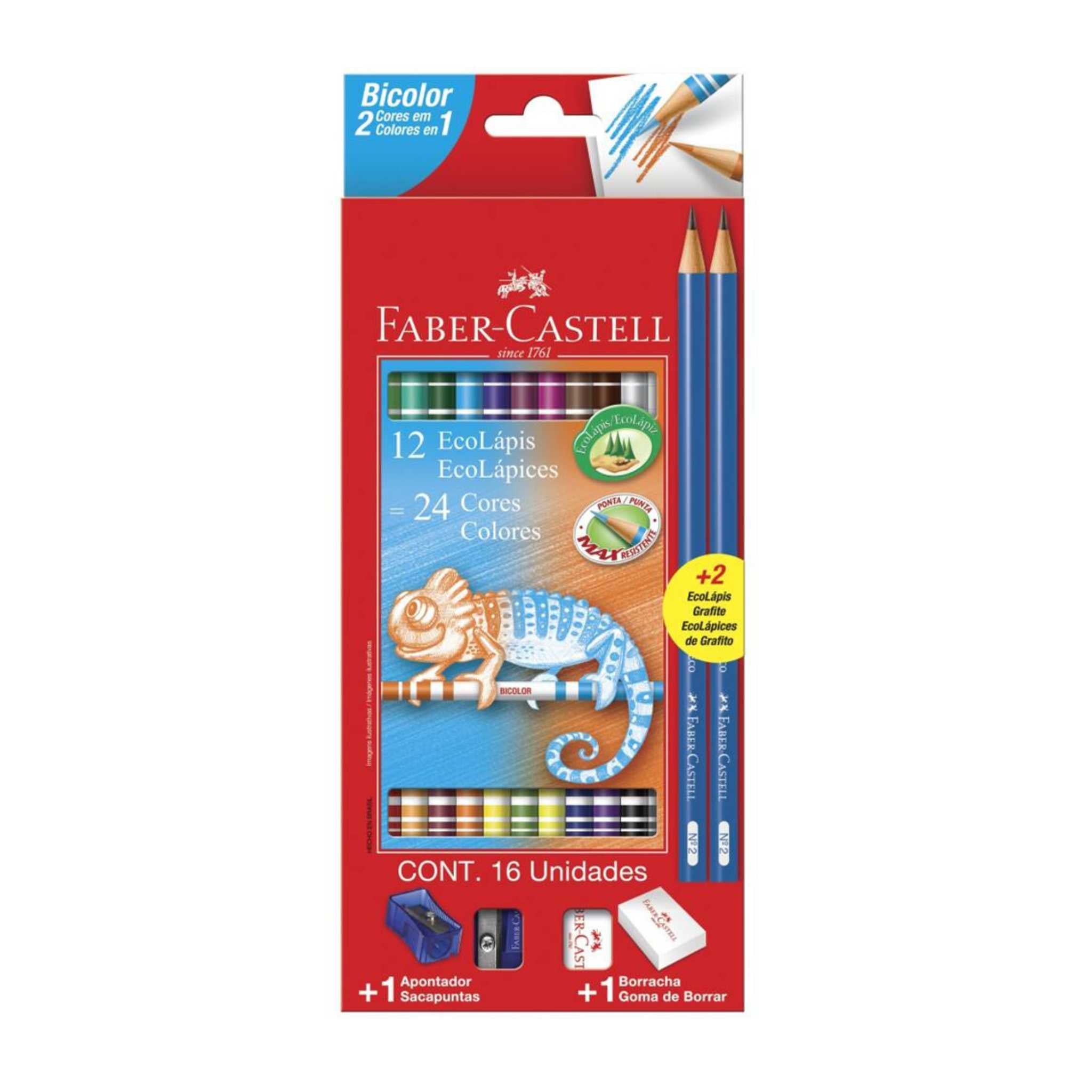 Lápis de Cor Faber Castell Bicolor 12 LP 24 cores Kit Escolar