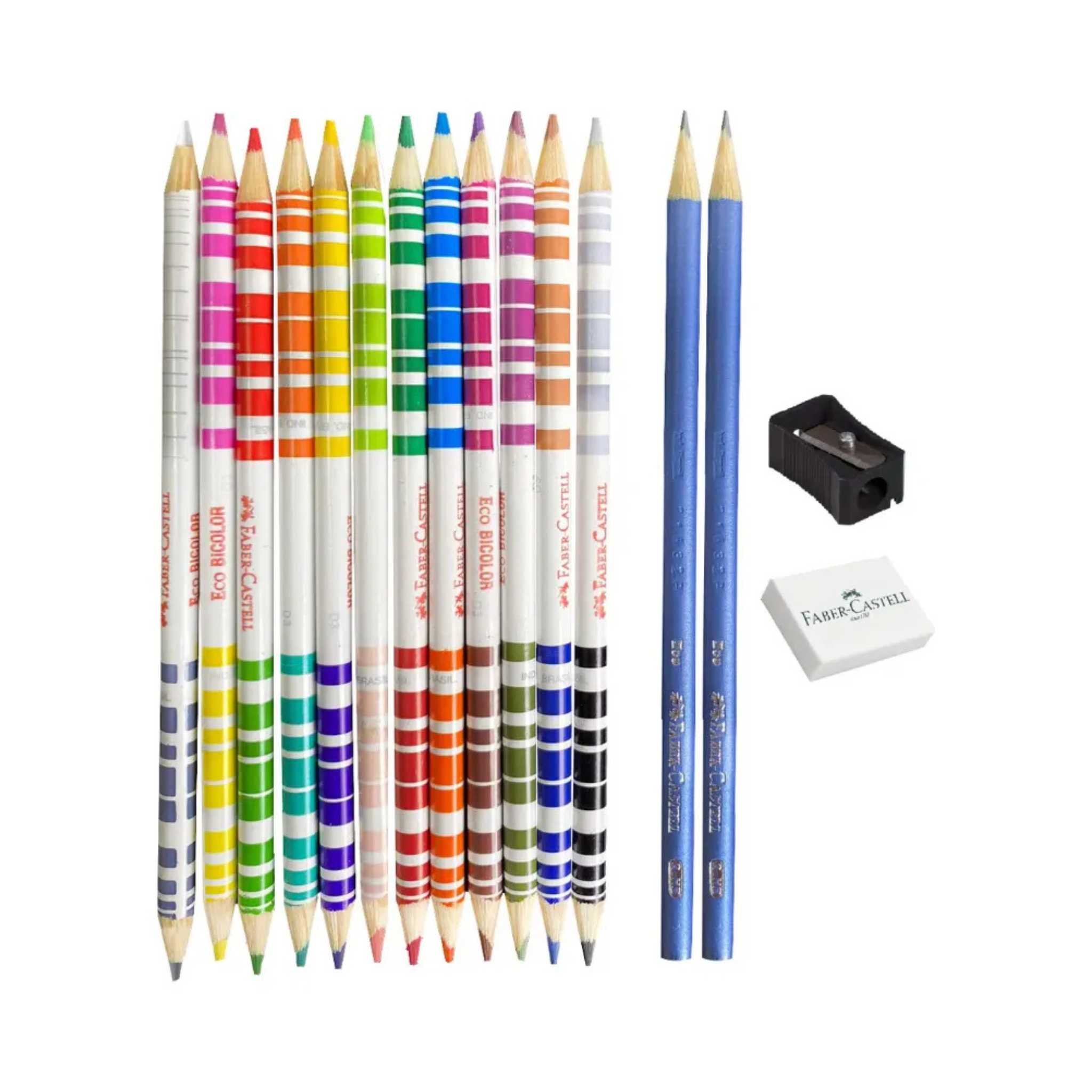 Lápis de Cor Faber Castell Bicolor 12 LP 24 cores Kit Escolar